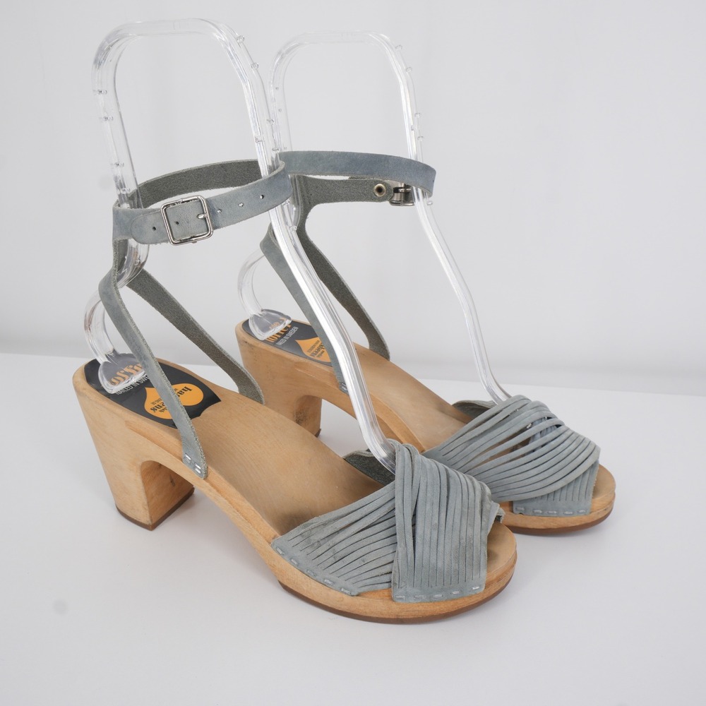 Swedish Hasbeens Strappy Suede Clog Sandals Womens 39 Blue Wood Block Heel Boho
